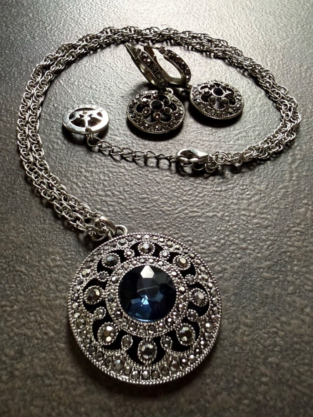 Crown Trifari Vintage Sapphire Marcasite Silver Necklace and Earrings Set